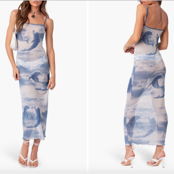 NWT Edikted Dolphin Print Sheer Mesh Slipdress In Blue - Picture 1 of 5